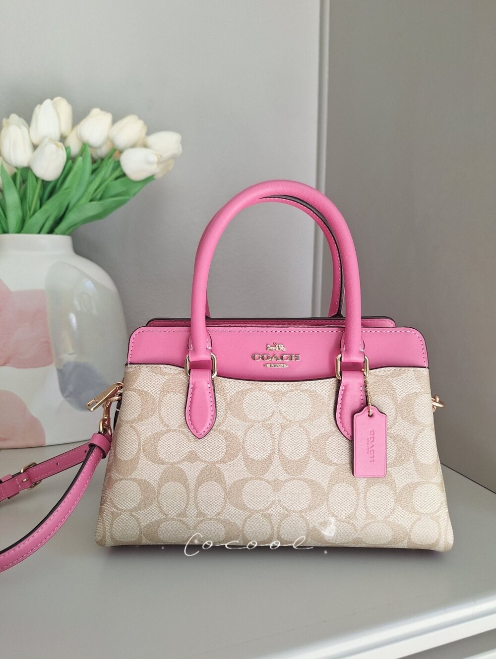 COACH MINI DARCIE CARRYALL IN SIGNATURE CANVAS(CH174)Light Khaki with Pink Trim